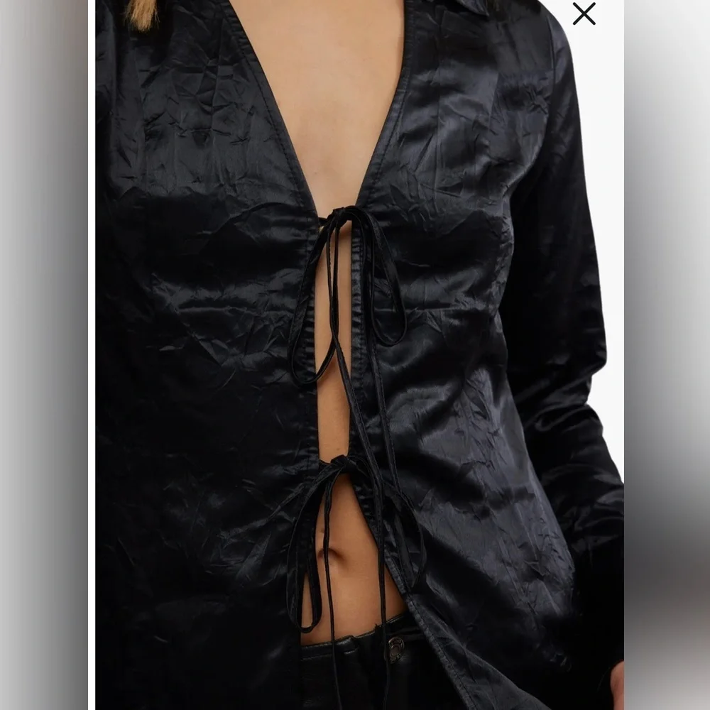 Free People Black Satin Tie-Front Top - Picture 1 of 8
